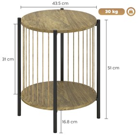 HOMCOM Masă Auxiliară Rotundă de 2 Nivele cu Raft și Structură de Oțel pentru Sufragerie Dormitor 43,5x43,5x51 cm Lemn Natural | Aosom Romania