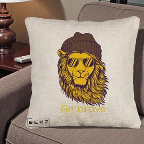 Perna Decorativa Leu Hipster Be Brave, 40x40 cm, Bej Canapea, Husa Detasabila, Perna Inclusa, BEKZ®