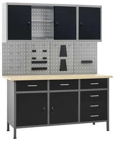 vidaXL Banc de lucru cu patru panouri de perete și două dulapuri