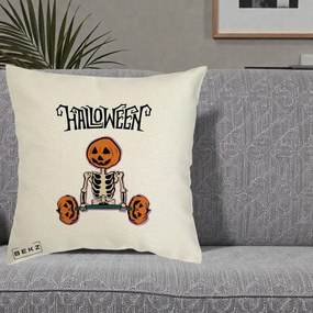 Perna Decorativa Halloween Schelet cu Cap de Dovleac Powerlifting, 40x40 cm, Ecru, Husa Detasabila, Perna Inclusa, BEKZ®