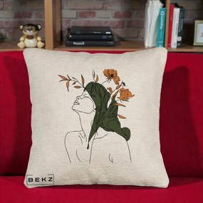 Perna Decorativa Portret Feminin Profil Flori Portocalii, 40x40 cm, Bej Canapea, Husa Detasabila, Perna Inclusa, BEKZ®