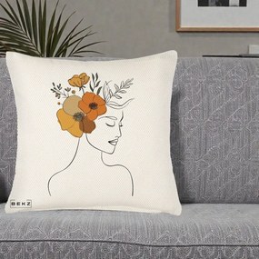 Perna Decorativa Portret Feminin Flori Galbene-Portocalii, 40x40 cm, Crem Reliefat, Husa Detasabila, Perna Inclusa, BEKZ®