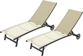 Outsunny Set de 2 șezlonguri din aluminiu și textilenă cu roți, spătar reglabil, sarcină max. 150 kg kaki | Aosom Romania