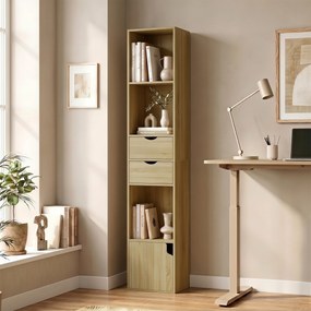 HOMCOM Bibliotecă Îngustă cu 6 Rafturi, Sertare, Ușă și Polițe Deschise, 30x24x158 cm, Stejar | Aosom Romania