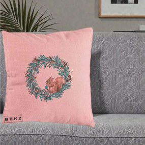 Perna Decorativa Coroana Turcoaz cu Veverita, 40x40 cm, Roz, Husa Detasabila, Perna Inclusa, BEKZ®