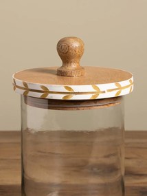 Borcan din sticlă natur cu capac din lemn de mango, model cu frunze stilizate, 19 × 12 cm, „Bocage"