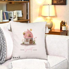 Perna Decorativa Home Sweet Home Casuta, 40x40 cm, Bej cu Franjuri, Husa Detasabila, Perna Inclusa, BEKZ®