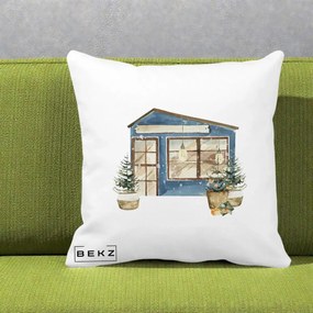 Perna Decorativa Casa de Iarna Watercolor, 40x40 cm, Alba Mata, Husa Detasabila, Perna Inclusa, BEKZ®