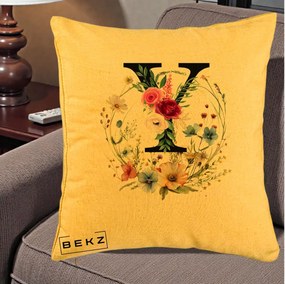 Cadou Personalizat - Perna Personalizata Monograma Florala Litera Y cu Coroana, 40x40 cm, Galben, Husa Detasabila, Perna Inclusa, BEKZ®