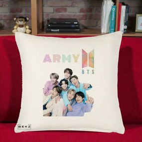 Perna Personalizata K-pop BTS ARMY Fotografie Grup Veseli, 40x40 cm, Crem Reliefat, Husa Detasabila, Perna Inclusa, BEKZ®