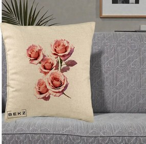 Perna Decorativa Trandafiri Roz Pastel Acuarela, 40x40 cm, Bej, Husa Detasabila, Perna Inclusa, BEKZ®