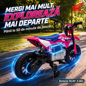 AIYAPLAY Motocicletă electrică pentru copii 3+ ani, licență Honda CRF 450R, 12V, baterie litiu, cu suspensii, roz | Aosom Romania