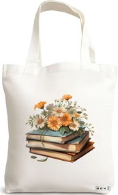 Sacosa de Panza pentru Cumparaturi, Geanta Tote, model Books and flowers 11 38 x 34.5 cm, Alba, BEKZ®