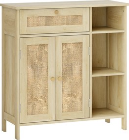 HOMCOM Bufet, mobilier de depozitare, 2 uși din ratan, sertar, nișe deschise, polițe reglabile, 75x30x79,5cm, lemn natural | Aosom Romania