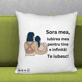 Cadou pentru Sora - Perna Personalizata Sora Mea Te Iubesc Doua Fete Fashioniste Line Art, 40x40 cm, Alb Pufos, Husa Detasabila, Perna Inclusa, BEKZ®