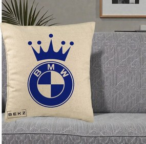 Perna Personalizata cu emblema BMW si Coroana, 40x40 cm, Bej, Husa Detasabila, Perna Inclusa, BEKZ®