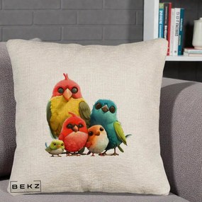 Perna Decorativa Familie de Pasarele Colorate, 40x40 cm, Bej Canapea, Husa Detasabila, Perna Inclusa, BEKZ®