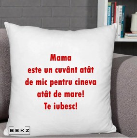 Cadou pentru Mama - Perna Personalizata Mama Cuvant Mic, 40x40 cm, Alb Pufos, Husa Detasabila, Perna Inclusa, BEKZ®