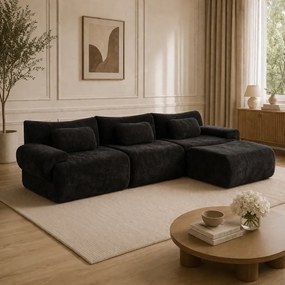 VELORA – Canapea Modulară din Chenille Premium, din spumă de înaltă densitate, L-Shape, 3 perne, Ultra Confort & Design Reconfigurabil, Negru