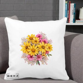 Perna Decorativa Floarea-Soarelui cu Cosmos Roz si Gypsophila, 40x40 cm, Alba Mata, Husa Detasabila, Perna Inclusa, BEKZ®