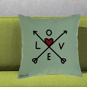 Perna Decorativa Love cu Sageti Incrucisate si Inima Rosie, 40x40 cm, Verde, Husa Detasabila, Perna Inclusa, BEKZ®