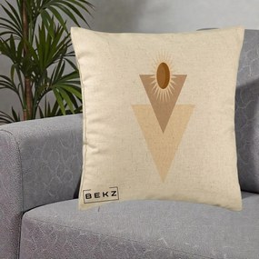 Perna Decorativa Boho Sun cu Triunghiuri Bej si Oval Solar, 40x40 cm, Bej, Husa Detasabila, Perna Inclusa, BEKZ®