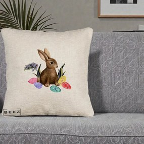 Perna Decorativa Iepuras cu Oua de Pasti Acuarela, 40x40 cm, Bej Canapea, Husa Detasabila, Perna Inclusa, BEKZ®