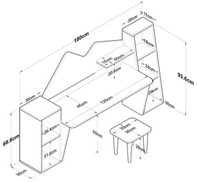 Set birou pentru copii 3buc Bubble, culoarea nuc - alb180x45x93.5cm