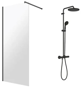 Pachet paravan dus Walk-In Omnires Marina negru 110x200 cm si coloana de dus Grohe Vitalio Start negru