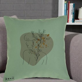 Perna Decorativa Femeie cu Flori Line Art Boho, 40x40 cm, Verde, Husa Detasabila, Perna Inclusa, BEKZ®