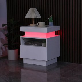 Noptieră cu un sertar și spațiu intermediar, iluminare LED, telecomanda, Alb, 45x35.5x52 cm