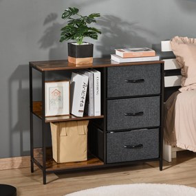HOMCOM Comodă Mobilă Multifuncțională cu 2 Rafturi Deschise și 3 Sertare Pliabile, 80x29x71 cm, Maro Rustic, Gri Închis, Negru | Aosom Romania