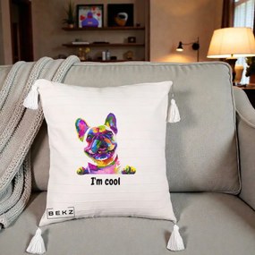 Perna Personalizata Bulldog Francez I'm Cool, 40x40 cm, Bej cu Franjuri, Husa Detasabila, Perna Inclusa, BEKZ®
