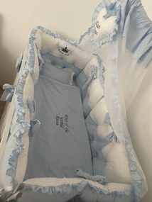 Lenjerie de pat cu 6 apărători matlasate Bicolore și fundițe Albastru pal - alb