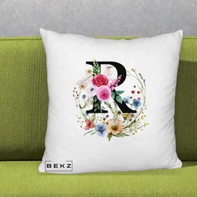 Cadou Personalizat - Perna Personalizata Monogram Litera R cu Flori Acuarela, 40x40 cm, Alb Pufos, Husa Detasabila, Perna Inclusa, BEKZ®