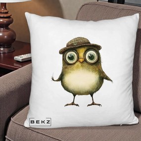 Perna Decorativa Pui Intelectual cu Palarie Tweed, 40x40 cm, Alb Pufos, Husa Detasabila, Perna Inclusa, BEKZ®