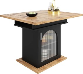Masă de dining extensibilă cu 3 rafturi și uși din sticlă, 110-140x80x76 cm, Negru