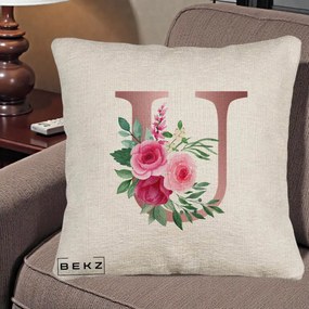 Cadou Personalizat - Perna Personalizata Monograma Rose Gold Litera U, 40x40 cm, Bej Canapea, Husa Detasabila, Perna Inclusa, BEKZ®