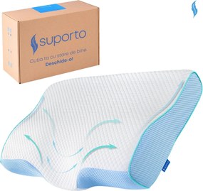 Perna de dormit Suporto Aura anatomica si ortopedica cu suport cervical, Din spuma cu memorie, Albastra