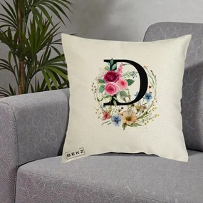 Cadou Personalizat - Perna Personalizata Monogram Litera D cu Flori Acuarela, 40x40 cm, Ecru, Husa Detasabila, Perna Inclusa, BEKZ®
