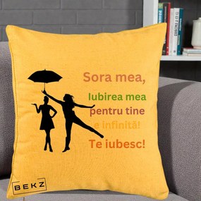 Cadou pentru Sora - Perna Personalizata Sora Mea Te Iubesc Siluete Colorate Umbrela, 40x40 cm, Galben, Husa Detasabila, Perna Inclusa, BEKZ®