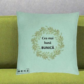 Cadou pentru Bunica - Perna Personalizata Cea Mai Buna Bunica Coronita Frunze Acuarela, 40x40 cm, Verde Menta, Husa Detasabila, Perna Inclusa, BEKZ®