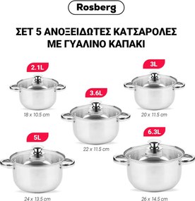 La mâna a doua: Set oale Rosberg R51210O10, 10 piese, 2.1-6.3 L, Otel inoxidabil, Argintiu