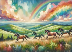Tablou pe sticlă – Cai galopând prin peisaj (70x50 cm)