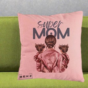 Cadou pentru Mama - Perna Personalizata Super Mom of Girls Mama cu Gemene, 40x40 cm, Roz, Husa Detasabila, Perna Inclusa, BEKZ®