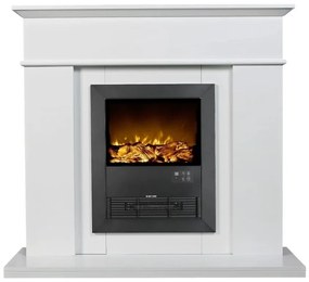 Semineu electric cu mască MDF, flacără LED, bușteni decorativi, sunet lemne, termostat, timer, telecomandă, Alb