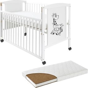 RESIGILAT Patut din lemn masiv 120x60 cm Bria alb cu laterala culisanta si roti, saltea cocos LUX 120x60x12 cm inclusa, reglabil pe 3 nivele, certificat EN71