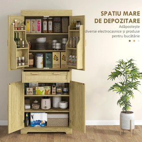 HOMCOM Dulap Bucătărie 76×40×183 cm cu 2 Uși și Sertar, Rafturi Condimente, Stejar | Aosom Romania