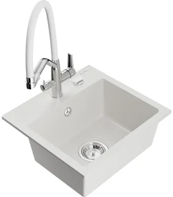 Mexen Milo chiuvetă de granit cu 1 compartiment și baterie de bucătărie Duo, Albă - 6505-20-671701-02