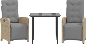 vidaXL Set bistro cu perne, 3 piese, gri deschis, poliratan